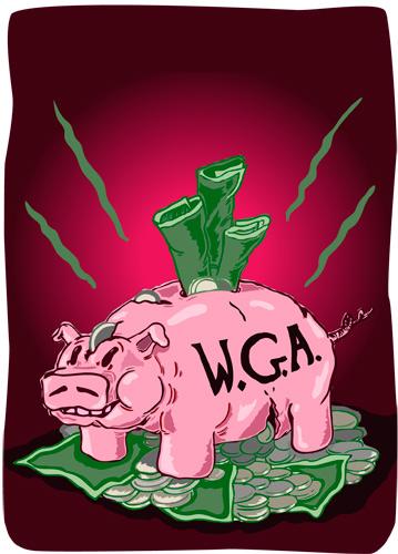 Cartoon: Writers Guild of America Piggy (medium) by John Bent tagged corruption,writers,hollywood,film,greed,piggy,bank,