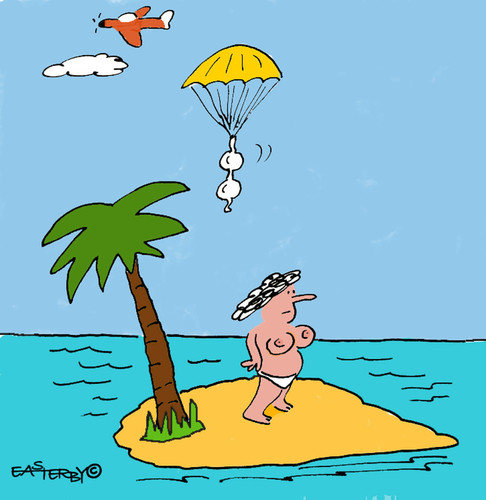 Cartoon: Deserted Island! (medium) by EASTERBY tagged desertisland,nackt,insel,einsam,bh,frau,busen,brüste,büstenhalter,scham,fkk