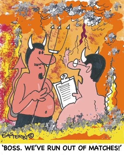 Cartoon: Hellish stocktaking (medium) by EASTERBY tagged devil,hellfire
