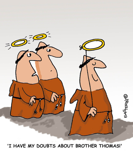 Cartoon: HOLY ORDERS 7 english (medium) by EASTERBY tagged monks,halos,faith,believing,religion,gott,glaube,heiligenschein,täsuchen,bibel