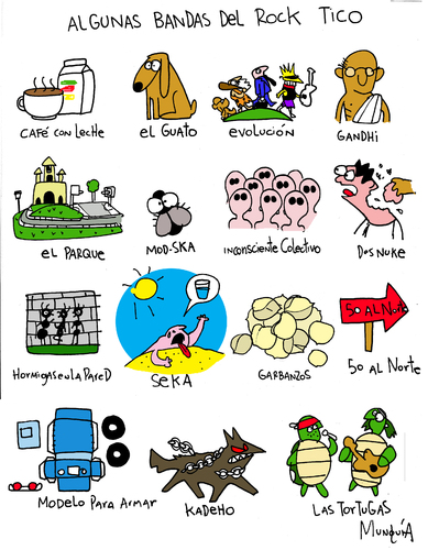 Cartoon: Bandas del Rock Costarricense (medium) by Munguia tagged rock,tico,costa,rica,bandas,el,guato,cafe,con,leche,evolucion,ghandi,seka,inconciente,colectivo,50,al,norte,las,tortugas,kadeho,munguia,humor,grafico
