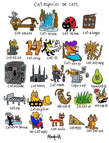 Cartoon: cats cats cats (medium) by Munguia tagged cats,gatos,gatas,word,play,game,sufijos,munguia,kitty