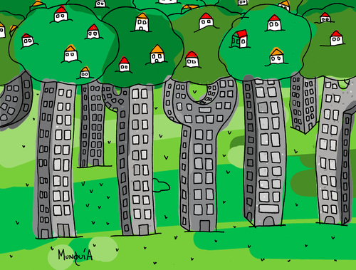 Cartoon: city Balance (medium) by Munguia tagged building,city,wood,forrest,house