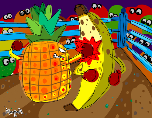 Cartoon: Fruit Punch (medium) by Munguia tagged fruit,punch,box,fight,boxers,fighters,banana,pineapple,pina,banano,knock,out,fruits,tropical