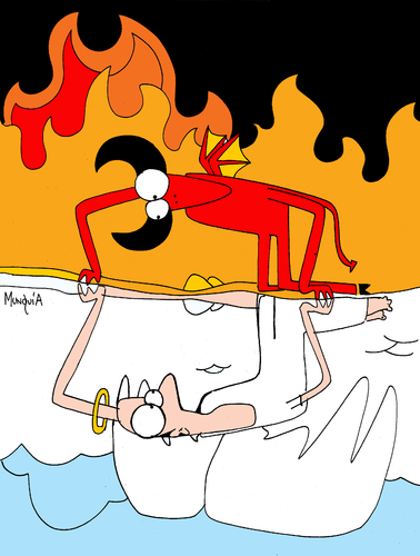 Cartoon: heaven and hell (medium) by Munguia tagged narcise,caravaggio,heaven,and,hell,devil,angel,good,bad,nice,wrong,mirror,water,reflection,reflex,up,down,righ,left,yin,yan