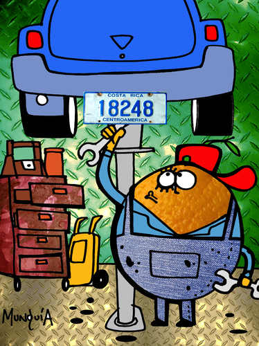 Cartoon: La Naranja Mecanica (medium) by Munguia tagged clockwork,orange,naranja,mecanica,mecanico,car,carro,taller,automotriz,munguia,kubrick,stanley,costa,rica