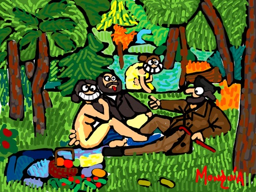 Cartoon: Nyah nyah (medium) by Munguia tagged le,dejeuner,sur,herbe,almuerzo,campestre,edouard,manet,nude,paintings,parodies,nyah