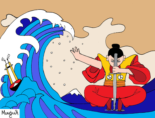 Cartoon: Prepared Samurai (medium) by Munguia tagged japon,japan,hokusai,tsunami,samurai,tsunameter,mooring,system,preapered,earthquake,ever,ready