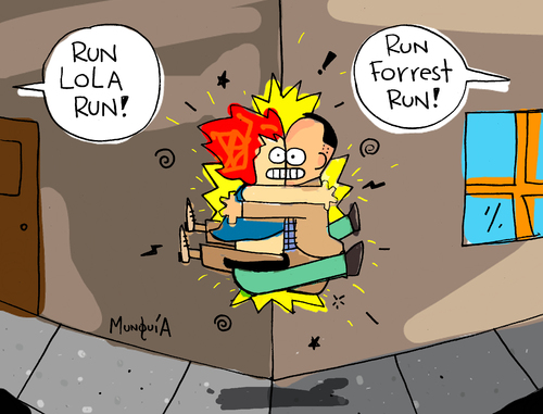 Cartoon: Run Lola Run Forrest Run! (medium) by Munguia tagged run,lola,forrest,gump,movies,crash,running,munguia,parodies,cinema,90s