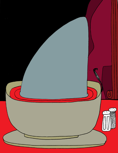 Cartoon: shark soup (medium) by Munguia tagged shark,soup,caveman,cavemen,waitress,movie,restaurant,death,deadjaws,primitive,stone,age