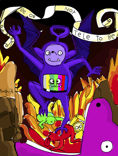 Cartoon: Tele To Be or Not Tele To Be (medium) by Munguia tagged hell,hans,memling,horror,scary,parody,paintings,teletubbie,to,be,or,not,tele