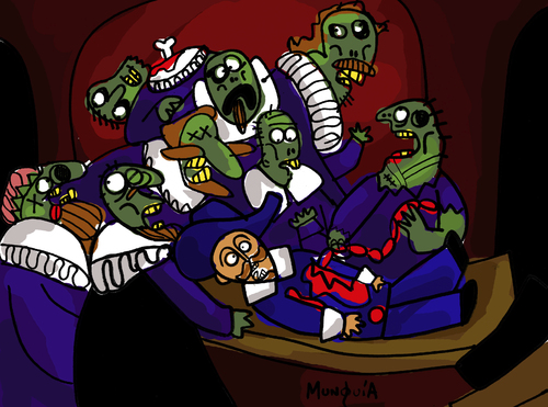 Cartoon: Zombie Lesson With Dr Food (medium) by Munguia tagged anatomy,lesson,with,dr,tulp,class,medical,rembrandt,zombie,horror,paintings,parodies,famous,munguia