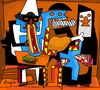 Cartoon: 3 eaters (small) by Munguia tagged threee,musicians,tres,musicos,pablo,picasso,famous,paintings,parodies,food,music