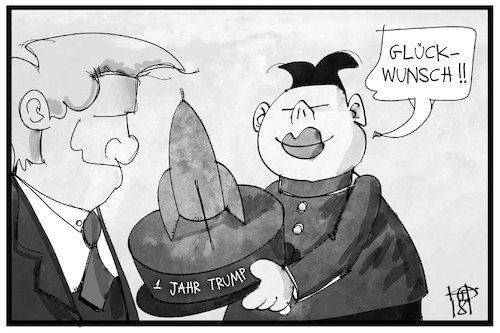 Cartoon: 1 Jahr Trump (medium) by Kostas Koufogiorgos tagged karikatur,koufogiorgos,illustration,cartoon,trump,kim,jong,un,glückwunsch,torte,rakete,nuklear,atomwaffen,nordkorea,usa,karikatur,koufogiorgos,illustration,cartoon,trump,kim,jong,un,glückwunsch,torte,rakete,nuklear,atomwaffen,nordkorea,usa