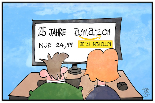 Cartoon: 25 Jahre Amazon (medium) by Kostas Koufogiorgos tagged karikatur,koufogiorgos,illustration,cartoon,handel,online,angebot,internet,kunde,verkaeufer,schnaeppchen,wirtschaft,karikatur,koufogiorgos,illustration,cartoon,handel,online,angebot,internet,kunde,verkaeufer,schnaeppchen,wirtschaft