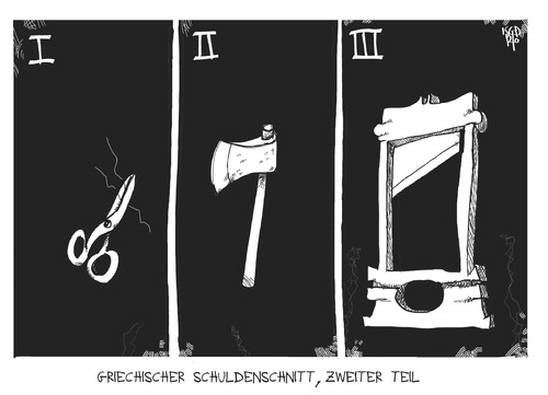 Cartoon: 2. Schuldenschnitt (medium) by Kostas Koufogiorgos tagged troika,griechenland,schnitt,schulden,euro,krise,schere,beil,guillotine,europa,eu,karikatur,kostas,koufogiorgos,troika,griechenland,schnitt,schulden,euro,krise,schere,beil,guillotine,europa,eu,karikatur,kostas,koufogiorgos