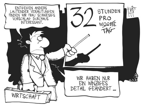 Cartoon: 32 Stunden-Woche (medium) by Kostas Koufogiorgos tagged schwesig,familie,arbeit,wirtschaft,arbeitszeit,karriere,karikatur,koufogiorgos,schwesig,familie,arbeit,wirtschaft,arbeitszeit,karriere,karikatur,koufogiorgos