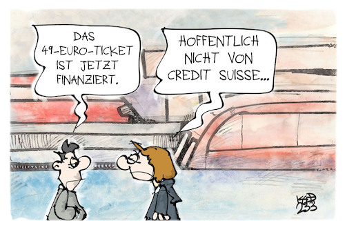 Cartoon: 49-Euro-Ticket (medium) by Kostas Koufogiorgos tagged karikatur,koufogiorgos,euro,bank,credit,suisse,bahn,karikatur,koufogiorgos,euro,bank,credit,suisse,bahn