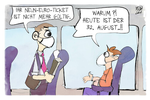 Cartoon: 9-Euro-Ticket (medium) by Kostas Koufogiorgos tagged karikatur,koufogiorgos,neun,euro,ticket,bahn,zug,passagier,fahrgast,kontrolle,reise,karikatur,koufogiorgos,neun,euro,ticket,bahn,zug,passagier,fahrgast,kontrolle,reise