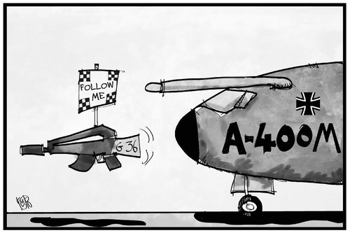 Cartoon: A400M (medium) by Kostas Koufogiorgos tagged karikatur,koufogiorgos,illustration,cartoon,a400,a400m,bundeswehr,g36,panne,rüchtung,ausrüstung,armee,militär,flugzeug,transport,follow,me,unbrauchbar,airbus,karikatur,koufogiorgos,illustration,cartoon,a400,a400m,bundeswehr,g36,panne,rüchtung,ausrüstung,armee,militär,flugzeug,transport,follow,me,unbrauchbar,airbus