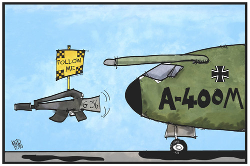 Cartoon: A400M (medium) by Kostas Koufogiorgos tagged karikatur,koufogiorgos,illustration,cartoon,a400,a400m,bundeswehr,g36,panne,rüchtung,ausrüstung,armee,militär,flugzeug,transport,follow,me,unbrauchbar,airbus,karikatur,koufogiorgos,illustration,cartoon,a400,a400m,bundeswehr,g36,panne,rüchtung,ausrüstung,armee,militär,flugzeug,transport,follow,me,unbrauchbar,airbus