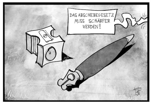 Cartoon: Abschiebegesetz (medium) by Kostas Koufogiorgos tagged karikatur,koufogiorgos,illustration,cartoon,abschiebegesetz,anspitzer,schärfen,füller,federhalter,gesetz,justiz,migration,politik,demokratie,karikatur,koufogiorgos,illustration,cartoon,abschiebegesetz,anspitzer,schärfen,füller,federhalter,gesetz,justiz,migration,politik,demokratie