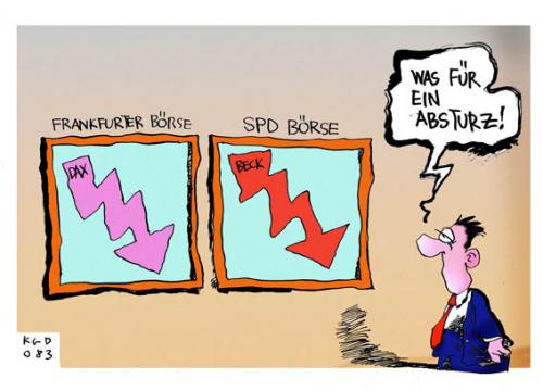 Cartoon: Absturz (medium) by Kostas Koufogiorgos tagged spd,wirtschaft,börse,umfrage,dax,beck,kostas,koufogiorgos,,statistik,kurt beck,kurt,beck,spd,wirtschaft,börse,umfrage,dax,absturz,flop,frankfurt,diagramm,umfragetief,umfragentief,wahlen,deutschland,vergleich,gleichheit,simultan