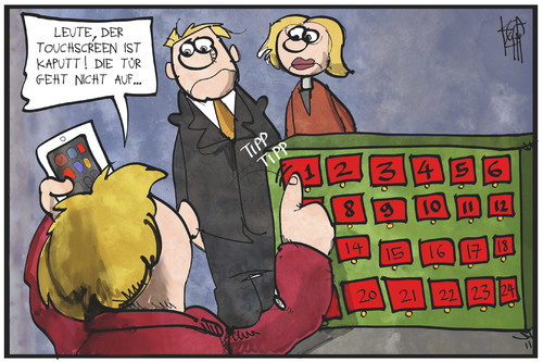 Cartoon: Adventskalender (medium) by Kostas Koufogiorgos tagged karikatur,koufogiorgos,illustration,cartoon,adventskalender,smartphone,touchscreen,familie,jugend,adventszeit,technik,app,karikatur,koufogiorgos,illustration,cartoon,adventskalender,smartphone,touchscreen,familie,jugend,adventszeit,technik,app