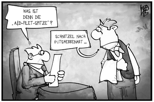 Cartoon: AfD-Führungsspitze (medium) by Kostas Koufogiorgos tagged karikatur,koufogiorgos,illustration,cartoon,gutsherrenart,schnitzel,afd,partei,kellner,gast,restaurant,politik,karikatur,koufogiorgos,illustration,cartoon,gutsherrenart,schnitzel,afd,partei,kellner,gast,restaurant,politik