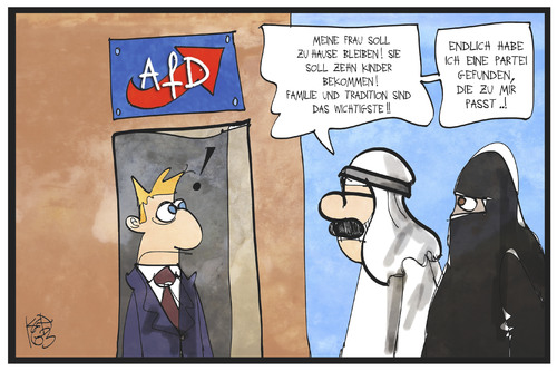 Cartoon: AfD-Programm (medium) by Kostas Koufogiorgos tagged karikatur,koufogiorgos,illustration,cartoon,afd,partei,programm,muslime,konservativ,tradition,altmodisch,wähler,frauenfeindlich,burka,karikatur,koufogiorgos,illustration,cartoon,afd,partei,programm,muslime,konservativ,tradition,altmodisch,wähler,frauenfeindlich,burka