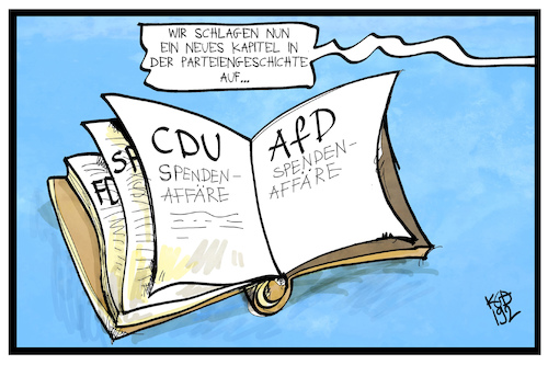 Cartoon: AfD-Spendenaffäre (medium) by Kostas Koufogiorgos tagged karikatur,koufogiorgos,illustration,cartoon,afd,spenden,affäre,buch,geschichte,partei,skandal,karikatur,koufogiorgos,illustration,cartoon,afd,spenden,affäre,buch,geschichte,partei,skandal