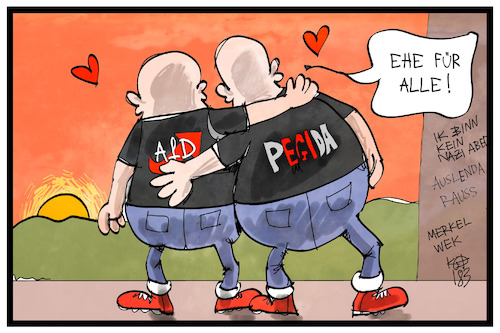 Cartoon: AfD und Pegida (medium) by Kostas Koufogiorgos tagged karikatur,koufogiorgos,illustration,cartoon,afd,pegida,annäherung,ehe,liebe,zusammenschluss,populismus,karikatur,koufogiorgos,illustration,cartoon,afd,pegida,annäherung,ehe,liebe,zusammenschluss,populismus