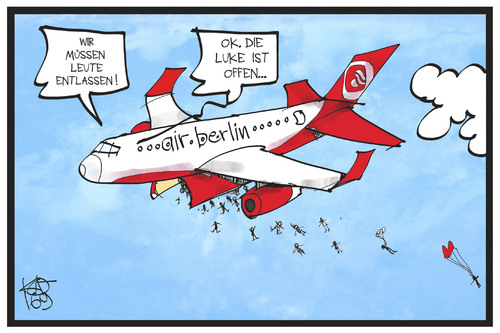 Cartoon: Air Berlin (medium) by Kostas Koufogiorgos tagged karikatur,koufogiorgos,illustration,cartoon,air,berlin,entlassung,mitarbeiter,schrumpfkur,flugzeug,wirtschaft,sparmassnahmen,karikatur,koufogiorgos,illustration,cartoon,air,berlin,entlassung,mitarbeiter,schrumpfkur,flugzeug,wirtschaft,sparmassnahmen