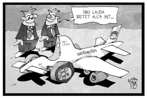 Cartoon: Air Berlin (medium) by Kostas Koufogiorgos tagged karikatur,koufogiorgos,illustration,cartoon,niki,lauda,flugzeug,rennwagen,auto,fahrzeug,formel,insolvenz,übernahme,karikatur,koufogiorgos,illustration,cartoon,niki,lauda,flugzeug,rennwagen,auto,fahrzeug,formel,insolvenz,übernahme