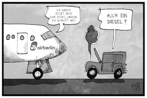 Cartoon: Air Berlin und Dieselgate (medium) by Kostas Koufogiorgos tagged air,berlin,diesel,dieselgate,staat,hilfe,geld,unterstützung,schrott,wirtschaft,steuergeld,abgasskandal,air,berlin,diesel,dieselgate,staat,hilfe,geld,unterstützung,schrott,wirtschaft,steuergeld,abgasskandal