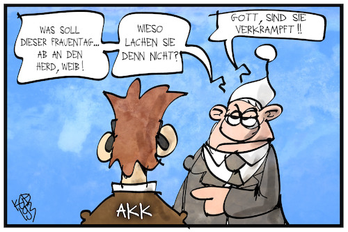 Cartoon: AKK-Witze (medium) by Kostas Koufogiorgos tagged karikatur,koufogiorgos,illustration,cartoon,kramp,karrenbauer,akk,witz,verkrampft,frauentag,satire,kritik,karikatur,koufogiorgos,illustration,cartoon,kramp,karrenbauer,akk,witz,verkrampft,frauentag,satire,kritik