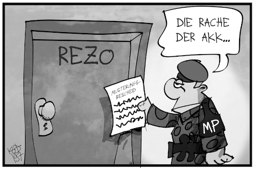 Cartoon: AKKs Rache (medium) by Kostas Koufogiorgos tagged karikatur,koufogiorgos,illustration,cartoon,akk,rezo,verteidigungsministerin,musterung,bescheid,bundeswehr,rache,youtube,politik,karikatur,koufogiorgos,illustration,cartoon,akk,rezo,verteidigungsministerin,musterung,bescheid,bundeswehr,rache,youtube,politik