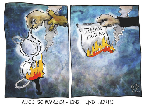 Cartoon: Alice Schwarzer einst und heute (medium) by Kostas Koufogiorgos tagged illustration,cartoon,karikatur,koufogiorgos,alice,schwarzer,bh,steuerhinterziehung,steuermoral,feminismus,gesellschaft,geld,betrug,illustration,cartoon,karikatur,koufogiorgos,alice,schwarzer,bh,steuerhinterziehung,steuermoral,feminismus,gesellschaft,geld,betrug