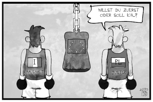 Cartoon: Alle gegen Europa (medium) by Kostas Koufogiorgos tagged karikatur,koufogiorgos,illustration,cartoon,italien,polen,justizreform,haushalt,eu,europa,boxer,sandsack,sabotage,karikatur,koufogiorgos,illustration,cartoon,italien,polen,justizreform,haushalt,eu,europa,boxer,sandsack,sabotage