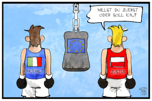 Cartoon: Alle gegen Europa (medium) by Kostas Koufogiorgos tagged karikatur,koufogiorgos,illustration,cartoon,italien,polen,justizreform,haushalt,eu,europa,boxer,sandsack,sabotage,karikatur,koufogiorgos,illustration,cartoon,italien,polen,justizreform,haushalt,eu,europa,boxer,sandsack,sabotage