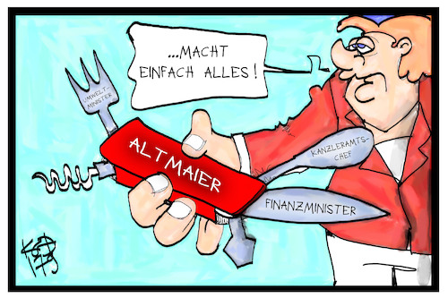 Cartoon: Allzweckwaffe Altmaier (medium) by Kostas Koufogiorgos tagged karikatur,koufogiorgos,illustration,cartoon,altmaier,messer,allzweckwaffe,merkel,politik,finanzminister,kanzleramtsminister,umweltminister,karikatur,koufogiorgos,illustration,cartoon,altmaier,messer,allzweckwaffe,merkel,politik,finanzminister,kanzleramtsminister,umweltminister