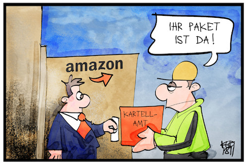 Cartoon: Amazon (medium) by Kostas Koufogiorgos tagged karikatur,koufogiorgos,illustration,cartoon,amazon,kartellamt,überprüfung,paket,lieferung,wirtschaft,unternehmen,karikatur,koufogiorgos,illustration,cartoon,amazon,kartellamt,überprüfung,paket,lieferung,wirtschaft,unternehmen