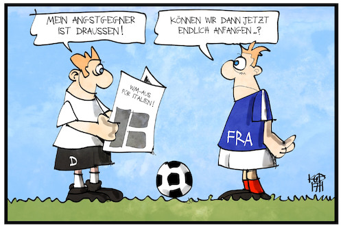 Cartoon: Angstgegner Italien (medium) by Kostas Koufogiorgos tagged karikatur,koufogiorgos,illustration,cartoon,wm,russland,2018,italien,frankreich,deutschland,dfb,angstgegner,spiel,fussball,sport,qualifikation,karikatur,koufogiorgos,illustration,cartoon,wm,russland,2018,italien,frankreich,deutschland,dfb,angstgegner,spiel,fussball,sport,qualifikation