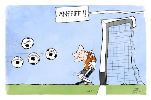 Cartoon: Anpfiff für Scholz (medium) by Kostas Koufogiorgos tagged karikatur,koufogiorgos,illustration,cartoon,torwart,scholz,fussball,klima,wirtschaft,pandemie,corona,ball,karikatur,koufogiorgos,illustration,cartoon,torwart,scholz,fussball,klima,wirtschaft,pandemie,corona,ball