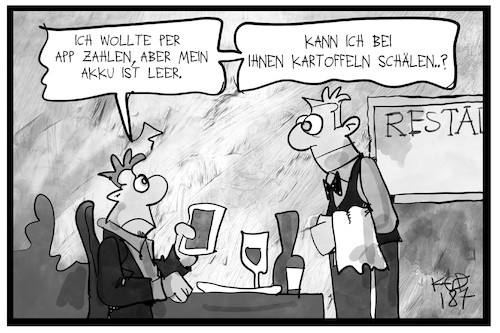 Cartoon: App statt Bargeld (medium) by Kostas Koufogiorgos tagged karikatur,koufogiorgos,illustration,cartoon,bezahlen,app,geld,sparkasse,wirtschaft,restaurant,kunde,karikatur,koufogiorgos,illustration,cartoon,bezahlen,app,geld,sparkasse,wirtschaft,restaurant,kunde