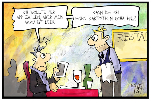 Cartoon: App statt Bargeld (medium) by Kostas Koufogiorgos tagged karikatur,koufogiorgos,illustration,cartoon,bezahlen,app,geld,sparkasse,wirtschaft,restaurant,kunde,karikatur,koufogiorgos,illustration,cartoon,bezahlen,app,geld,sparkasse,wirtschaft,restaurant,kunde