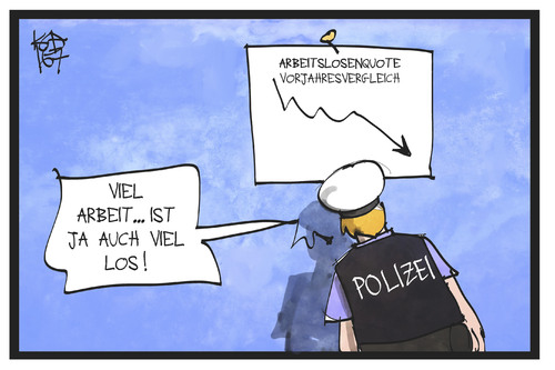 Cartoon: Arbeitslosigkeit (medium) by Kostas Koufogiorgos tagged karikatur,koufogiorgos,illustration,cartoon,arbeitslosigkeit,polizei,arbeitspensum,arbeit,arbeitslosenquote,polizist,sicherheitslage,karikatur,koufogiorgos,illustration,cartoon,arbeitslosigkeit,polizei,arbeitspensum,arbeit,arbeitslosenquote,polizist,sicherheitslage