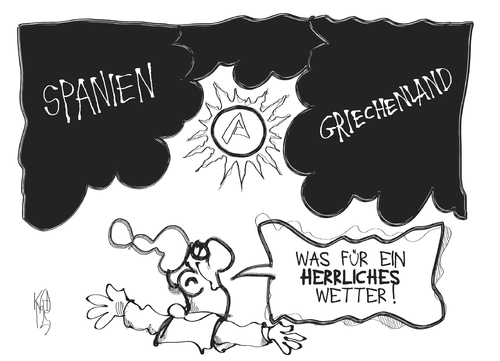 Cartoon: Arbeitsmarkt (medium) by Kostas Koufogiorgos tagged arbeitslosigkeit,arbeitslosenquote,spanien,griechenland,sonne,wolke,wetter,europa,schulden,krise,euro,michel,deutschland,wirtschaft,karikatur,kostas,koufogiorgos,arbeitslosigkeit,arbeitslosenquote,spanien,europa,griechenland