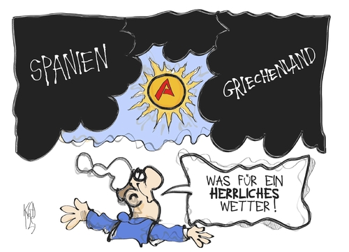 Cartoon: Arbeitsmarkt (medium) by Kostas Koufogiorgos tagged arbeitslosigkeit,arbeitslosenquote,spanien,griechenland,sonne,wolke,wetter,europa,schulden,krise,euro,michel,deutschland,wirtschaft,karikatur,kostas,koufogiorgos,arbeitslosigkeit,arbeitslosenquote,spanien,europa,griechenland