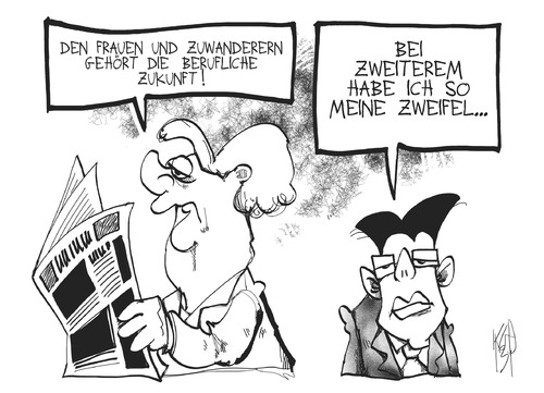 Cartoon: Arbeitsmarkt (medium) by Kostas Koufogiorgos tagged rösler,merkel,zukunft,regierung,wahl,arbeitsmarkt,frauen,zuwanderer,job,karikatur,kostas,koufogiorgos,rösler,merkel,zukunft,regierung,wahl,arbeitsmarkt,frauen,zuwanderer,job,karikatur,kostas,koufogiorgos